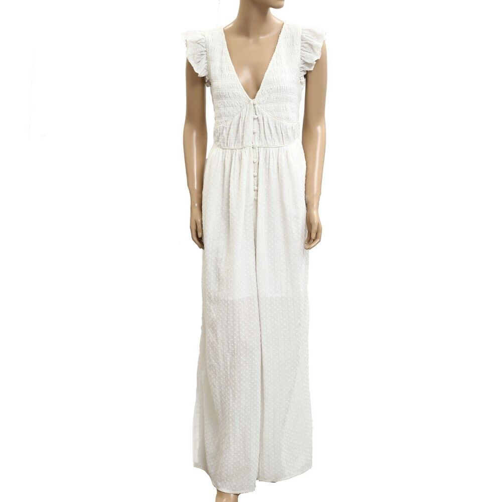 Anthropologie Swiss Dot Smocked Flutter Sleeve Jumpsuit Wide-Leg XS 283146